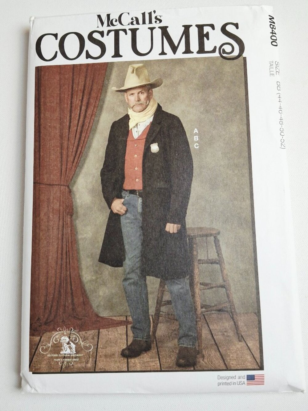 McCall's 8400 Sz Mens 44-52 Old West Cowboy Duster Coat Vest Ascot Costume Uncut